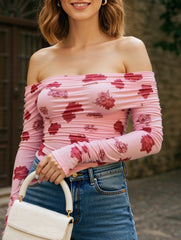 Slim-fit irregular printed boat neck top