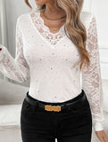 V-neck lace paneled rhinestone T-shirt