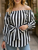 Loose off-the-shoulder asymmetrical striped shirt