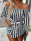 Loose off-the-shoulder asymmetrical striped shirt