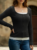 Simple square lace single-breasted slim-fit top
