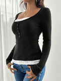 Simple square lace single-breasted slim-fit top