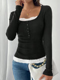 Simple square lace single-breasted slim-fit top