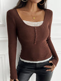 Simple square lace single-breasted slim-fit top