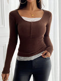 Simple square lace single-breasted slim-fit top