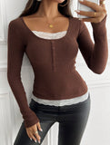Simple square lace single-breasted slim-fit top
