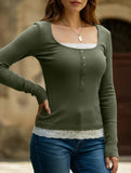 Simple square lace single-breasted slim-fit top
