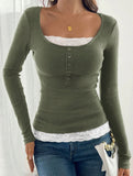 Simple square lace single-breasted slim-fit top