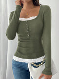 Simple square lace single-breasted slim-fit top