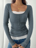 Simple square lace single-breasted slim-fit top