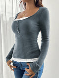Simple square lace single-breasted slim-fit top