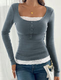 Simple square lace single-breasted slim-fit top
