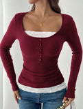 Simple square lace single-breasted slim-fit top