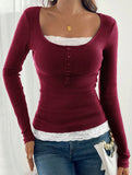 Simple square lace single-breasted slim-fit top
