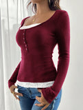 Simple square lace single-breasted slim-fit top