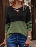 CASUAL V-NECK CROSS-CONTRAST SHIRT TOP