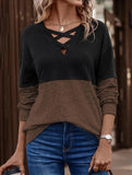 CASUAL V-NECK CROSS-CONTRAST SHIRT TOP
