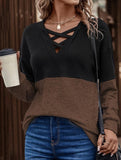 CASUAL V-NECK CROSS-CONTRAST SHIRT TOP