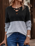 CASUAL V-NECK CROSS-CONTRAST SHIRT TOP