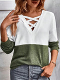 CASUAL V-NECK CROSS-CONTRAST SHIRT TOP