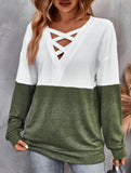 CASUAL V-NECK CROSS-CONTRAST SHIRT TOP