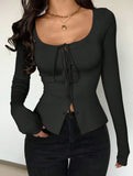 Square neck tie single-breasted long-sleeved top