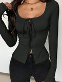 Square neck tie single-breasted long-sleeved top