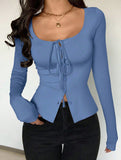 Square neck tie single-breasted long-sleeved top