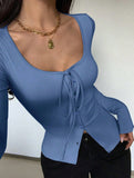 Square neck tie single-breasted long-sleeved top