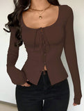 Square neck tie single-breasted long-sleeved top