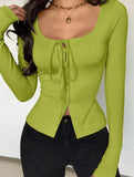 Square neck tie single-breasted long-sleeved top
