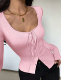 Square neck tie single-breasted long-sleeved top