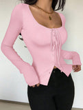 Square neck tie single-breasted long-sleeved top