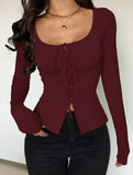 Square neck tie single-breasted long-sleeved top