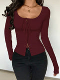 Square neck tie single-breasted long-sleeved top