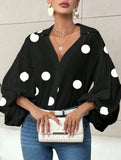 Polka dot V-neck loose bubble long-sleeved shirt