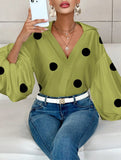 Polka dot V-neck loose bubble long-sleeved shirt
