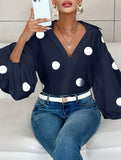 Polka dot V-neck loose bubble long-sleeved shirt