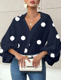 Polka dot V-neck loose bubble long-sleeved shirt