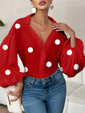 Polka dot V-neck loose bubble long-sleeved shirt