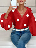 Polka dot V-neck loose bubble long-sleeved shirt