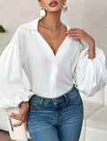 Polka dot V-neck loose bubble long-sleeved shirt