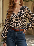 V-neck leopard print loose long-sleeved shirt