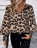 V-neck leopard print loose long-sleeved shirt