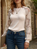 Crew Neck Hollow Pullover Lace Panel Top