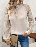 Crew Neck Hollow Pullover Lace Panel Top