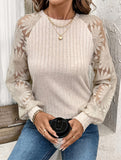 Crew Neck Hollow Pullover Lace Panel Top