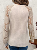 Crew Neck Hollow Pullover Lace Panel Top