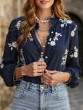 Women's long-sleeved embroidered V-neck shirt