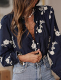 Women's long-sleeved embroidered V-neck shirt